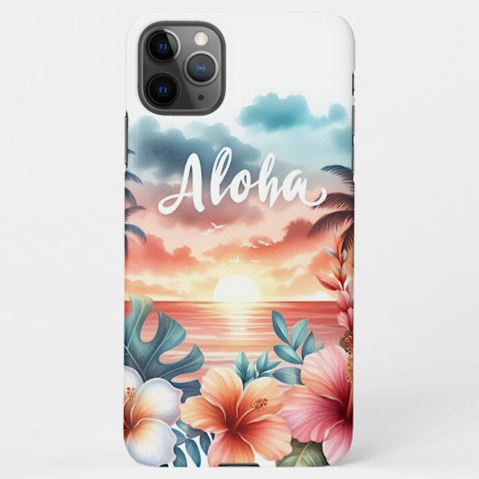 トロピカルハワイアンフローラサンセットビーチシーン iPhoneケース (裏面)