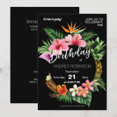 トロピカルハワイアンフローラバースデーパーティー – ブラック 招待状 (正面/裏面)