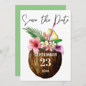 トロピカルハワイアンフローラ&ココナッツクラフトグリーン セーブザデート (正面/裏面)