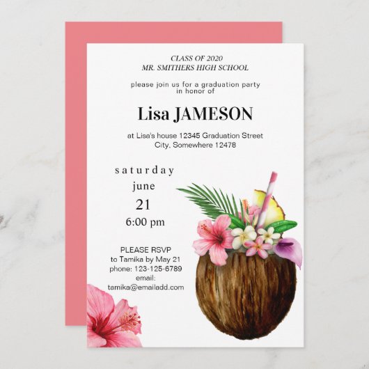 トロピカルハワイアンフローラ&ココナッツグラデーション 招待状 (正面/裏面)