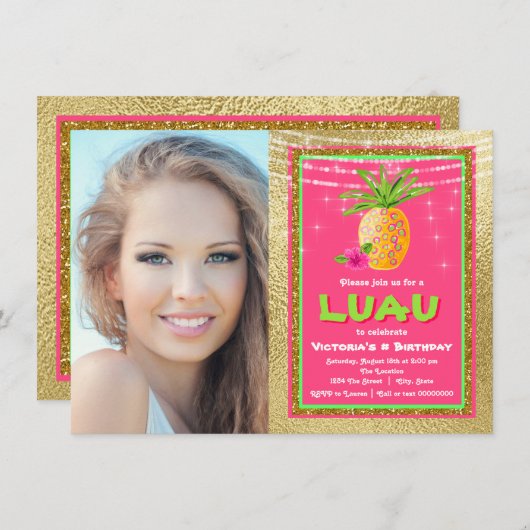 トロピカルハワイアンルアウ（ハワイ式宴会）誕生日パーティーへの招待 招待状 (正面/裏面)
