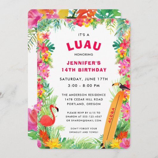 トロピカルハワイアンルアウ（ハワイ式宴会）誕生日 招待状 (正面/裏面)