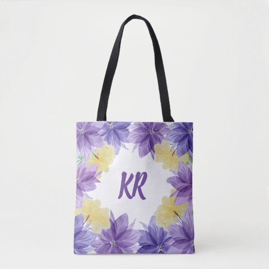 トロピカルハワイパープルフラワーズモノグラムのフローラ トートバッグ (正面)