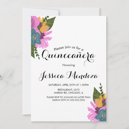 トロピカルハンドドロッドフローラキンセアニラスウィート16 招待状 (正面)