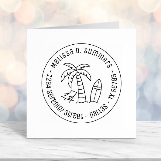 トロピカルバケーションパームサーフボードラウンドアドレス セルフインキングスタンプ