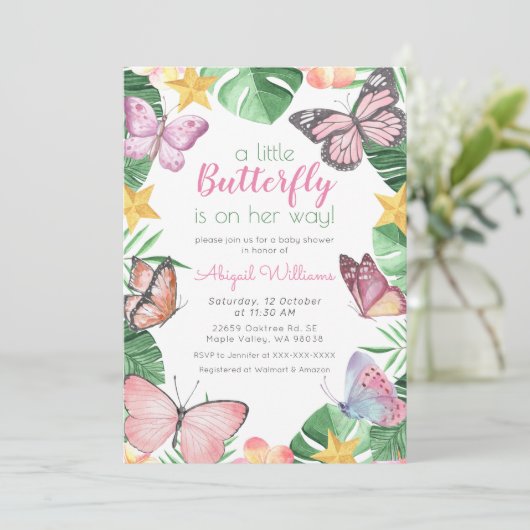 トロピカルバタフライ彼女の方法 – 女の子ベビーシャワー 招待状 (スタンド正面)
