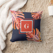 トロピカルバラ金ゴールドオレンジネイビーブルー葉ズ クッション (ブランケット)