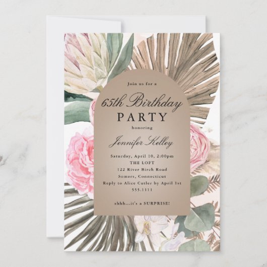 トロピカルバラ、フレーミングアーチボホバースデーパーティー 招待状 (正面)