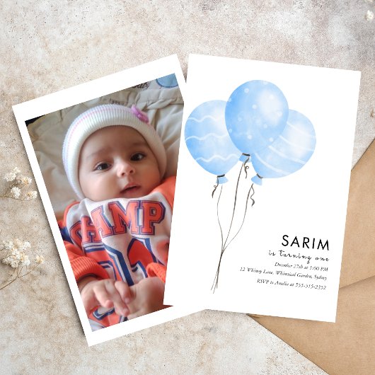 トロピカルバルーンシンプルの最初の誕生日の招待 招待状