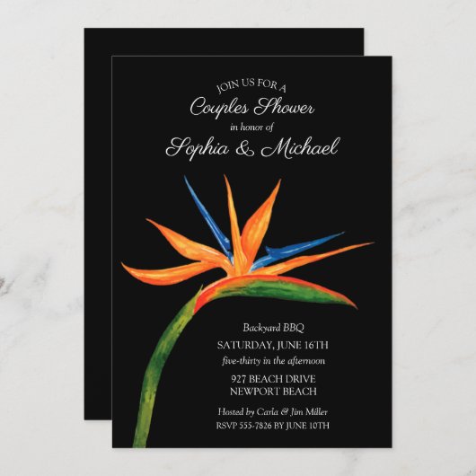 トロピカルバードオブパラダイスカップルシャワー招待状 (正面/裏面)