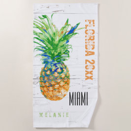 トロピカルパイナップルの名前、年、場所を追加 ビーチタオル