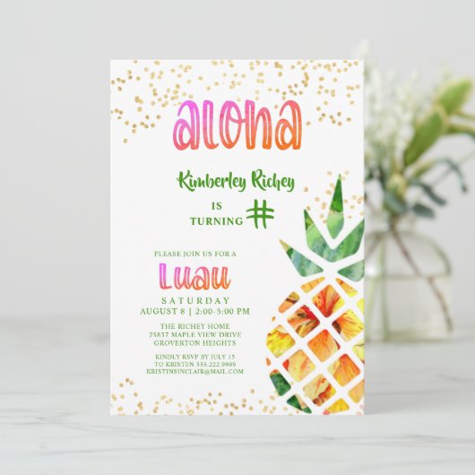 トロピカルパイナップルアロハANY AGE誕生日ルアウ(ハワイ式宴会) 招待状 (スタンド正面)