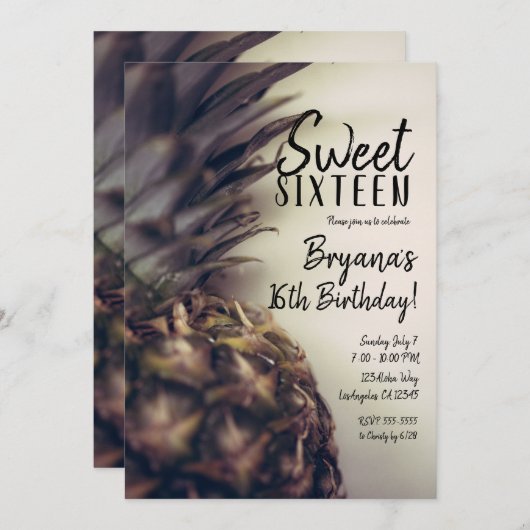 トロピカルパイナップルエレガントビーチスウィート16パーティー 招待状 (正面/裏面)