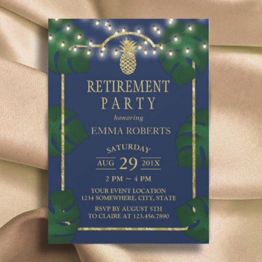 トロピカルパイナップルネイビー&金ゴールドルアウ(ハワイ式宴会)退職 招待状