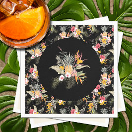 トロピカルパイナップルハイビスカスの葉っぱ ブラック背景 スタンダードカクテルナプキン