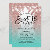 トロピカルパイナップルバラ金ゴールドアクアティール（緑がかった色）スウィート16 招待状 (正面/裏面)