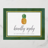 トロピカルパイナップルビーチ結婚式RSVP 実在 箔招待状ポストカード (正面)