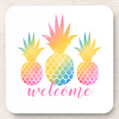 トロピカルパイナップルピンクレインボーウォーターカラーウェルカム コースター (正面)