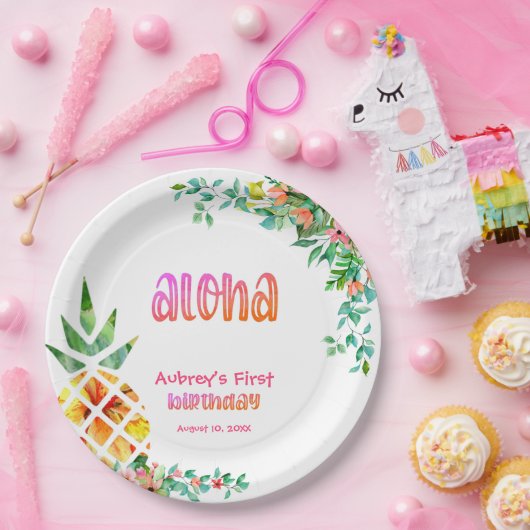 トロピカルパイナップルフローラアロハファースト誕生日 ペーパープレート (パーティー)
