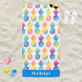 トロピカルパイナップルブルーウォーター名前をカスタムする ビーチタオル