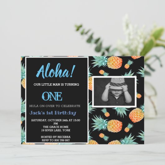 トロピカルパイナップル1stファーストボーイ誕生日写真 招待状 (スタンド正面)