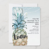 トロピカルパイナップル & ストリングライト サマー ルアウ BBQ 招待状 (正面)
