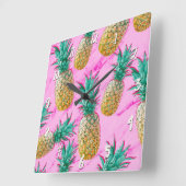 トロピカルパイナップル&ピンク大理石モダンカラフル スクエア壁時計 (傾斜)