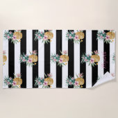 トロピカルパイナップル，白黒ストライプ ビーチタオル (正面)