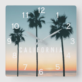 トロピカルパステルグラデーションティール（緑がかった色）オレンジパームツリーサンセット スクエア壁時計