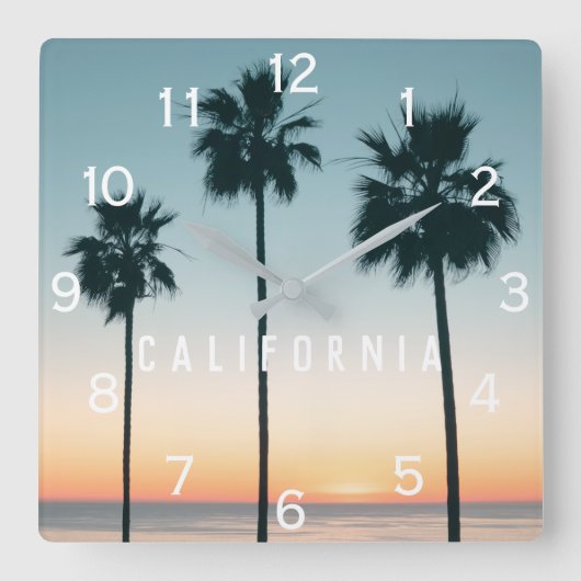 トロピカルパステルグラデーションティール(緑がかった色)オレンジパームツリーサンセット スクエア壁時計 (正面)