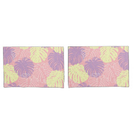 トロピカルパステルピンクイエローモンステラジャングル葉 枕カバー