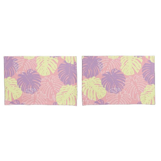 トロピカルパステルピンクイエローモンステラジャングル葉 枕カバー (フロントセット)
