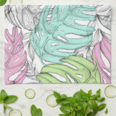 トロピカルパステル モンステラの葉の水彩模様 キッチンタオル (折り畳み)