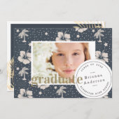 トロピカルパターンネイビーブルールアウ(ハワイ式宴会)写真卒業 招待状 (正面/裏面)