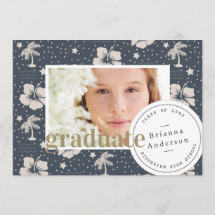 トロピカルパターンネイビーブルールアウ（ハワイ式宴会）写真卒業 招待状