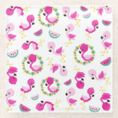 トロピカルパターン,フラミンゴ,スイカ,花 ガラスコースター (正面)