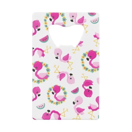 トロピカルパターン，フラミンゴ，スイカ，花 クレジットカード栓抜き (正面)