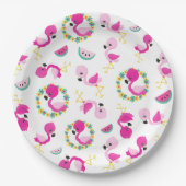 トロピカルパターン，フラミンゴ，スイカ，花 ペーパープレート (正面)