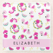 トロピカルパターン，フラミンゴ，花，あなたの名前 ガラスコースター (正面)