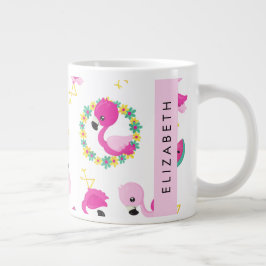 トロピカルパターン,フラミンゴ,花,あなたの名前 ジャンボコーヒーマグカップ