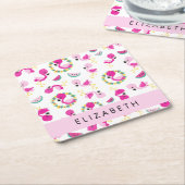 トロピカルパターン,フラミンゴ,花,あなたの名前 スクエアペーパーコースター (アングル)