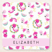 トロピカルパターン,フラミンゴ,花,あなたの名前 スクエアペーパーコースター (正面)