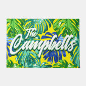 トロピカルパナスグリーンブルーイエローモンステラ葉 ドアマット (正面)