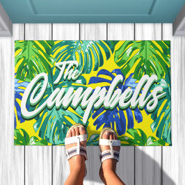 トロピカルパナスグリーンブルーイエローモンステラ葉 ドアマット