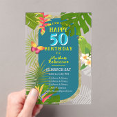 トロピカルパラダイスイヤー誕生日ティール（緑がかった色） アクリル招待状 (インサイチュ (ポータブル))