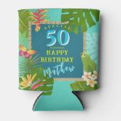 トロピカルパラダイスイヤー誕生日ティール（緑がかった色） 缶クーラー (正面)