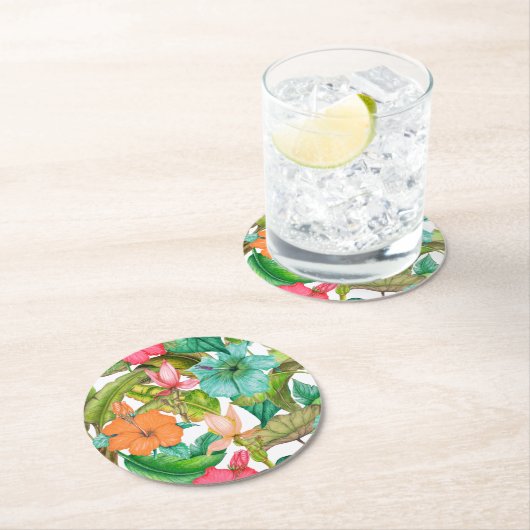 トロピカルパラダイスハワイアンハイビスカスフローラルパターン ラウンドペーパーコースター (インサイチュ)