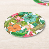 トロピカルパラダイスハワイアンハイビスカスフローラルパターン ラウンドペーパーコースター (アングル)