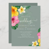 トロピカルパラダイスビーチ結婚式鮮やか花模様 招待状 (正面/裏面)