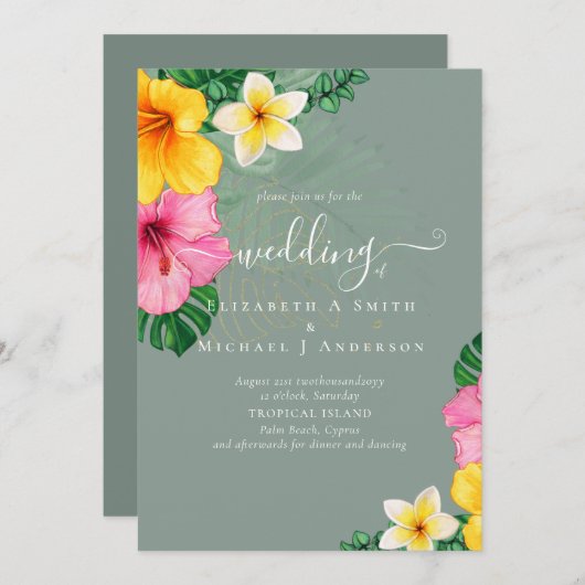 トロピカルパラダイスビーチ結婚式鮮やか花模様 招待状 (正面/裏面)